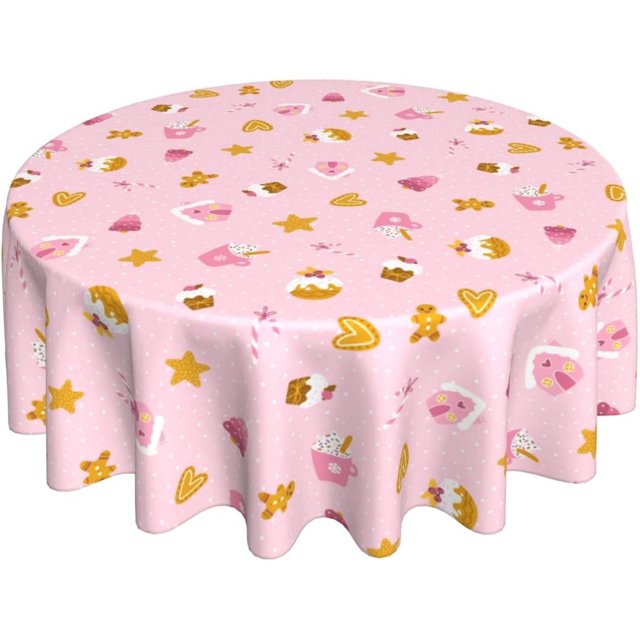 Pink Christmas Tablecloth Round 60 Inch Cute Gingerbread Cupcake Dessert Washable Wrinkle Stain-Resistant Polyester Table Cloth Rustic Indoor Winter Decorations for Home Kitchen Dinning Party Holiday