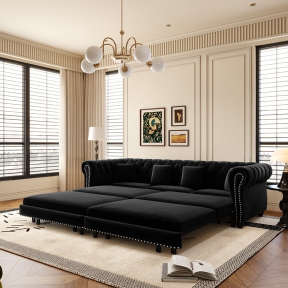 Chesterfield Sofa, 89 " W 3-In-1 Pull-Out Sofa Bed, Convertible Sleeper Sofa Bed, King Size Sofa Bed, Chaise Lounge, Velvet 3-Seater Sofa with Movable Ottoman, Tufted Design (Black)