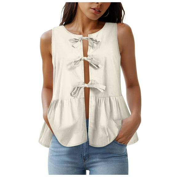 vigerkar Women Trendy Bow Tie Front Babydoll Tank Tops Sleeveless Peplum Ruffle Blouse Tie Up Summer Casual Dressy Tunic Beige, L