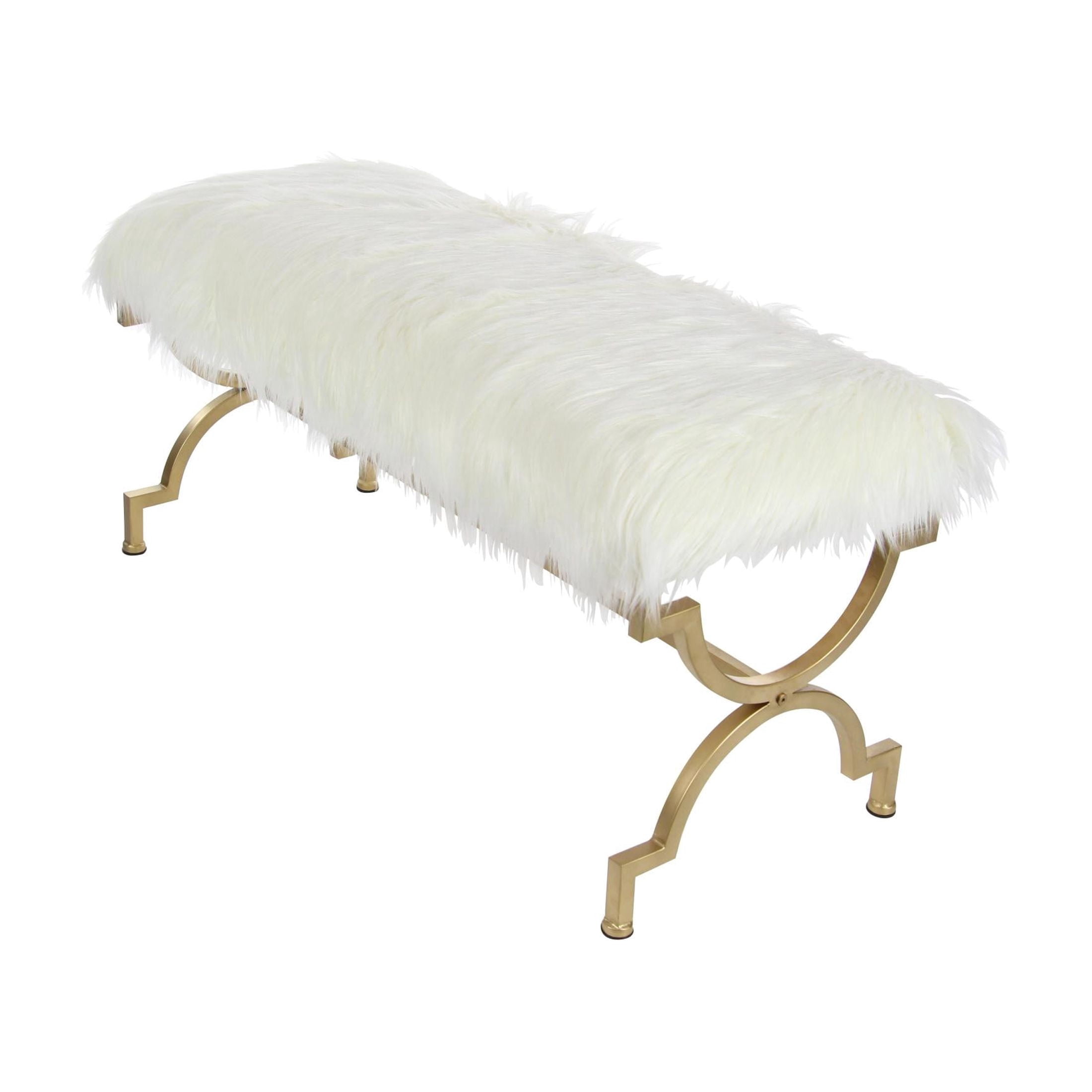 DecMode Metal Bench with White Faux Fur Top, Gold