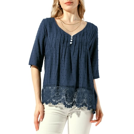 Women s Babydoll Peplum Top Half Sleeve V Neck Shirts Flower Pleats Casual Blouses Lace Tops