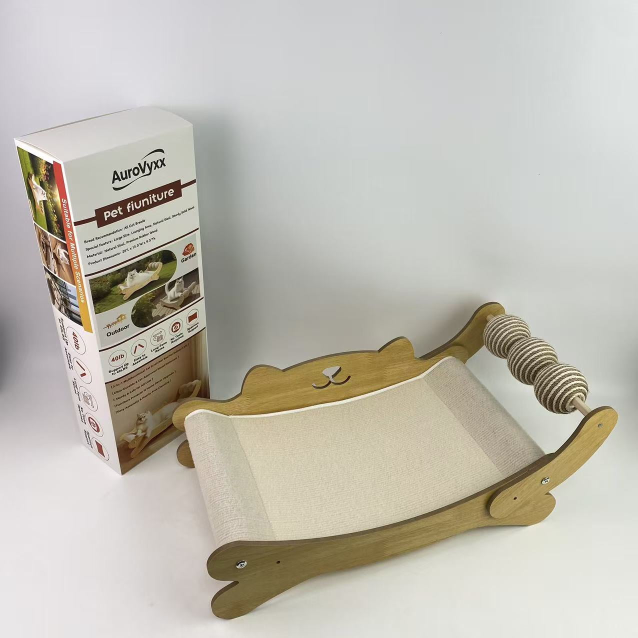 AuroVyxx Pet furniture,Cat Scratcher Bed for Indoor Cats 3-in-1 Scratching Post & Hammock Lounge with Solid Wooden Perch (Easy Assembly)