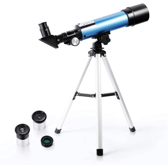 Télescope pour Débutants et Enfants, Réfracteur d'Ouverture 50mm, Télescope Astronomique Portable 90X avec Trépied, 2 Oculaires, Lentille 1.5X Barlow