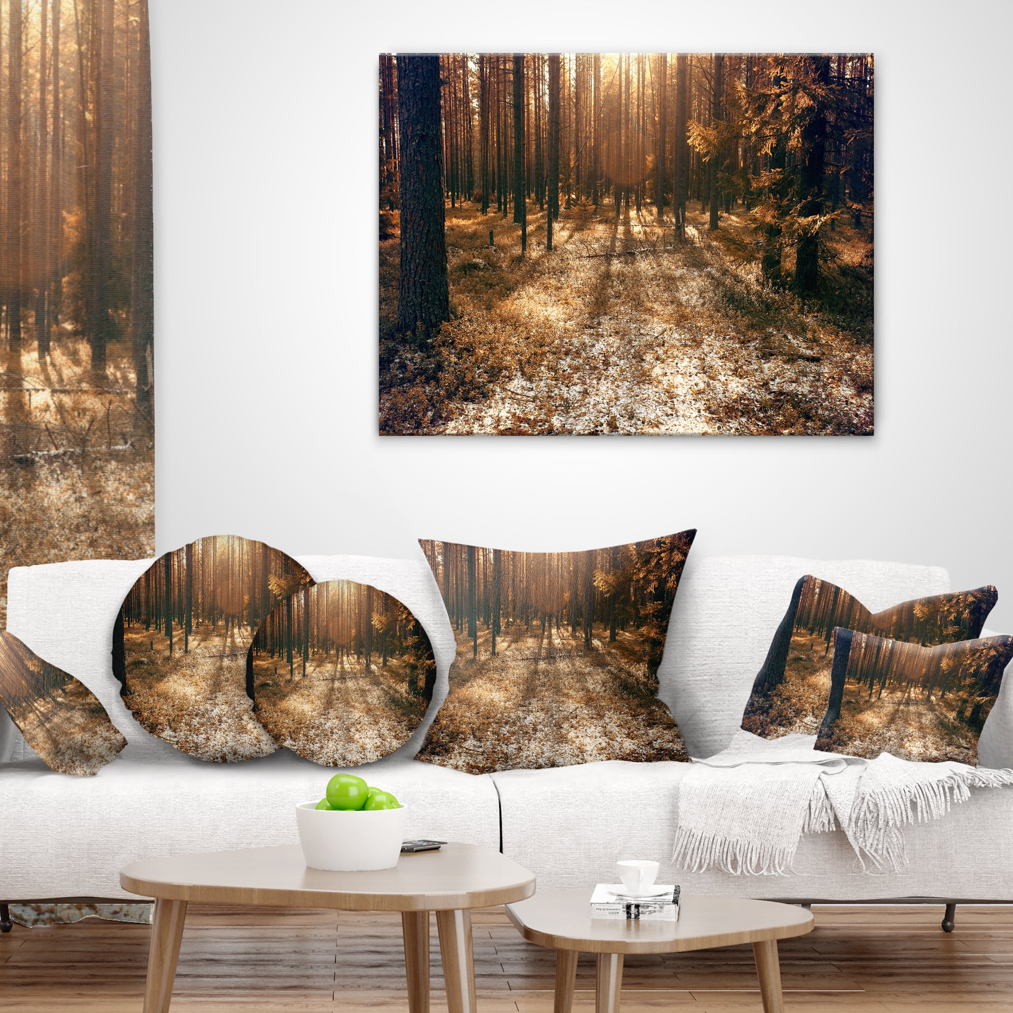 Designart Road in Dark Wooded Forest - Modern Forest Throw Pillow - 18x18