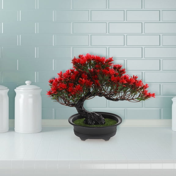 Realistic Red Plastic Bonsai Tree for Indoor Decoration, Home Office, with Detailed Design and Lifelike Appearance