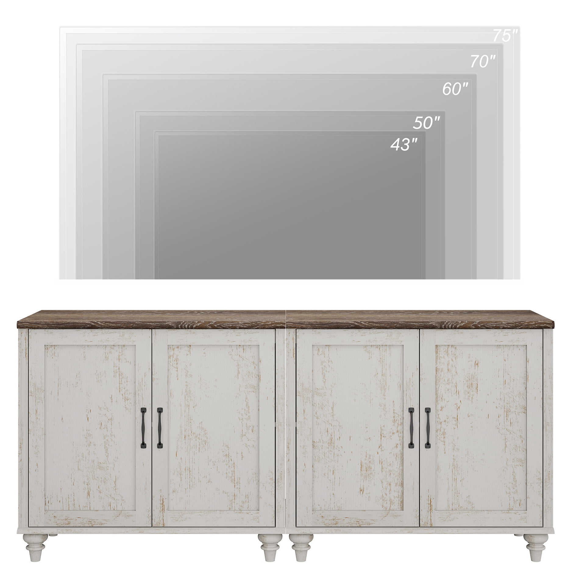 TV Stand For 75 Inch TV Inch TV, 2-In-1 TV Console Table For 43/50/60/75 Inch TV, Entertainment Center With 2 Wood Doors, Rustic White