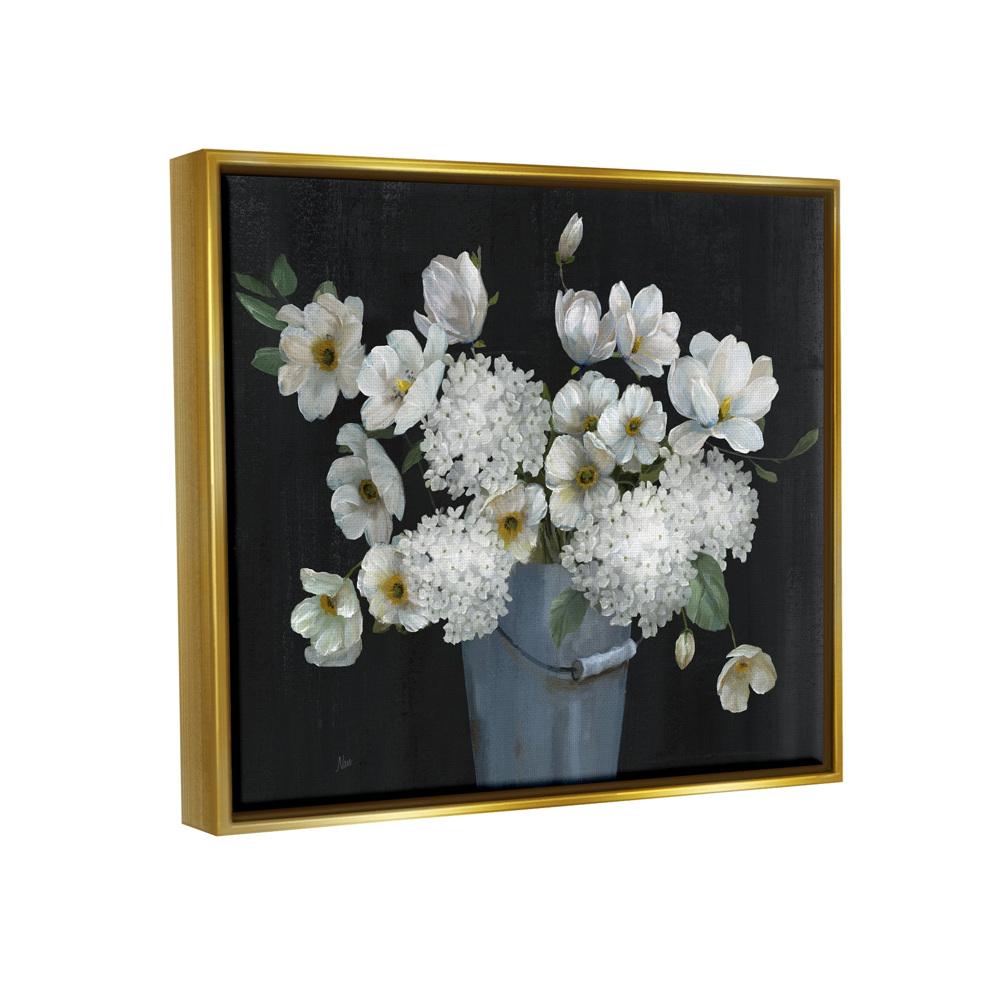 Stupell Industries White Mixed Flowers Rustic Planter Botanical & Floral Painting Gold Floater Framed Art Print Wall Art