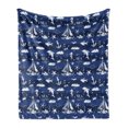 thumbnail image 1 of Navy Blue Soft Flannel Fleece Blanket, Sailboat Vertical Stripe Pattern Anchor Fishes Gulls Paint Effect Nautical Theme, Cozy Plush for Indoor and Outdoor Use, 50" x 60", Blue White, by Ambesonne, 1 of 6