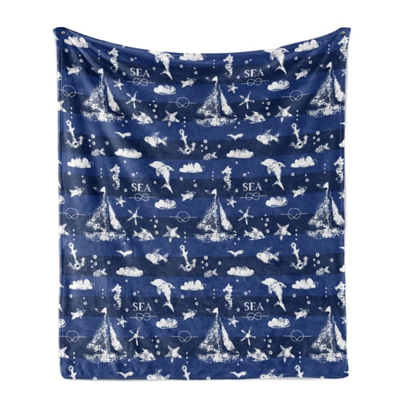 Navy Blue Soft Flannel Fleece Blanket, Sailboat Vertical Stripe Pattern Anchor Fishes Gulls Paint Effect Nautical Theme, Cozy Plush for Indoor and Outdoor Use, 50" x 60", Blue White, by Ambesonne