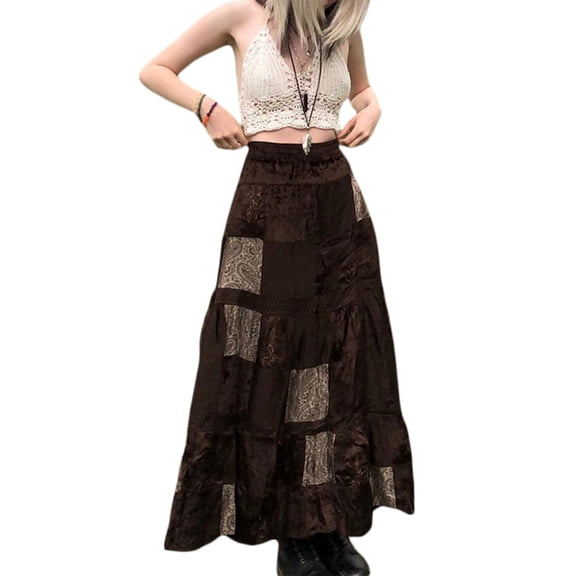 Musuos Women Vintage Brown Patchwork Long Skirts Printed Boho Grunge Fairycore Retro Pleated Skirts Kawaii Holiday Women Streetwear
