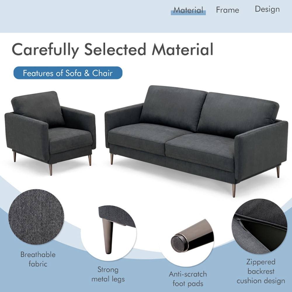 Finihen Sofa Set, Modern Sofa Couch with Solid Metal Legs and Removable Backrest Cushion, for Living Room, Bedroom, Gray
