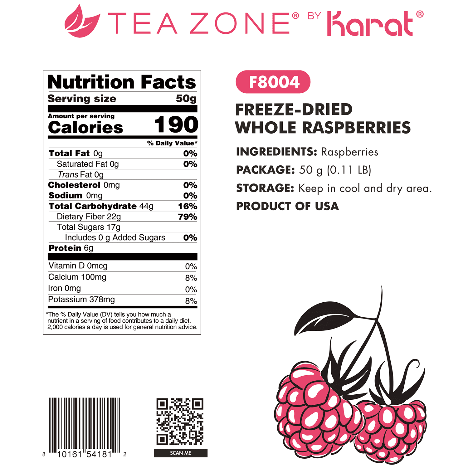 [12 Pack] Tea Zone Freeze-Dried Raspberry, Whole - 1.76 oz