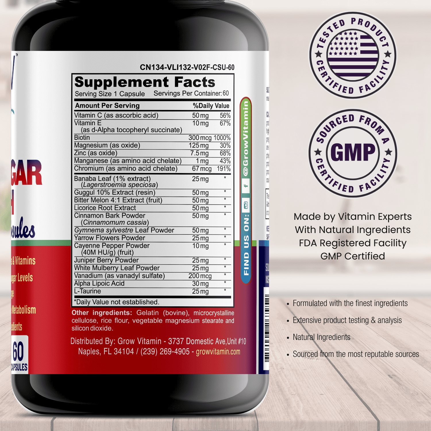 Grow Vitamin Blood Sugar Complex with Cinnamon Bark Capsules, Supports Heart Health, Energy & Immune System, 60 Count