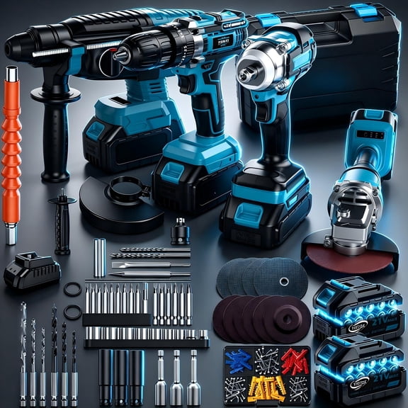 4 Set Brushless Cordless Combo Kit Power Tools, Hammer/Angle Grinder/Impact Wrench/Drill Impact Drill Set, Cordless Drill and Impact Driver Combo With Battery& Chargers for Home, DIYers,Set for Concr