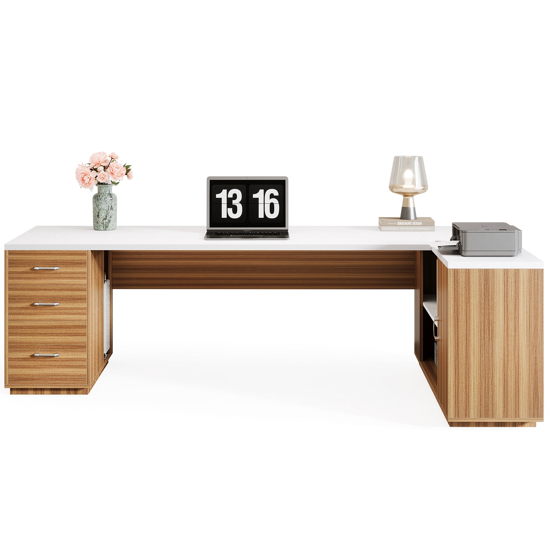 Fnova 85" L-Shaped Executive Desk with Storage Drawers, Modern Office Desk with Adjustable Shelves & File Cabinet, Extra Long Corner Computer Desk for Home Office