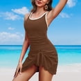 thumbnail image 5 of One Piece Swimdress Swimsuits for Women Tummy Control Swim Dresses Skirt Bathing Suit Color Block Ribbed Swimwear Coffee S, 5 of 6