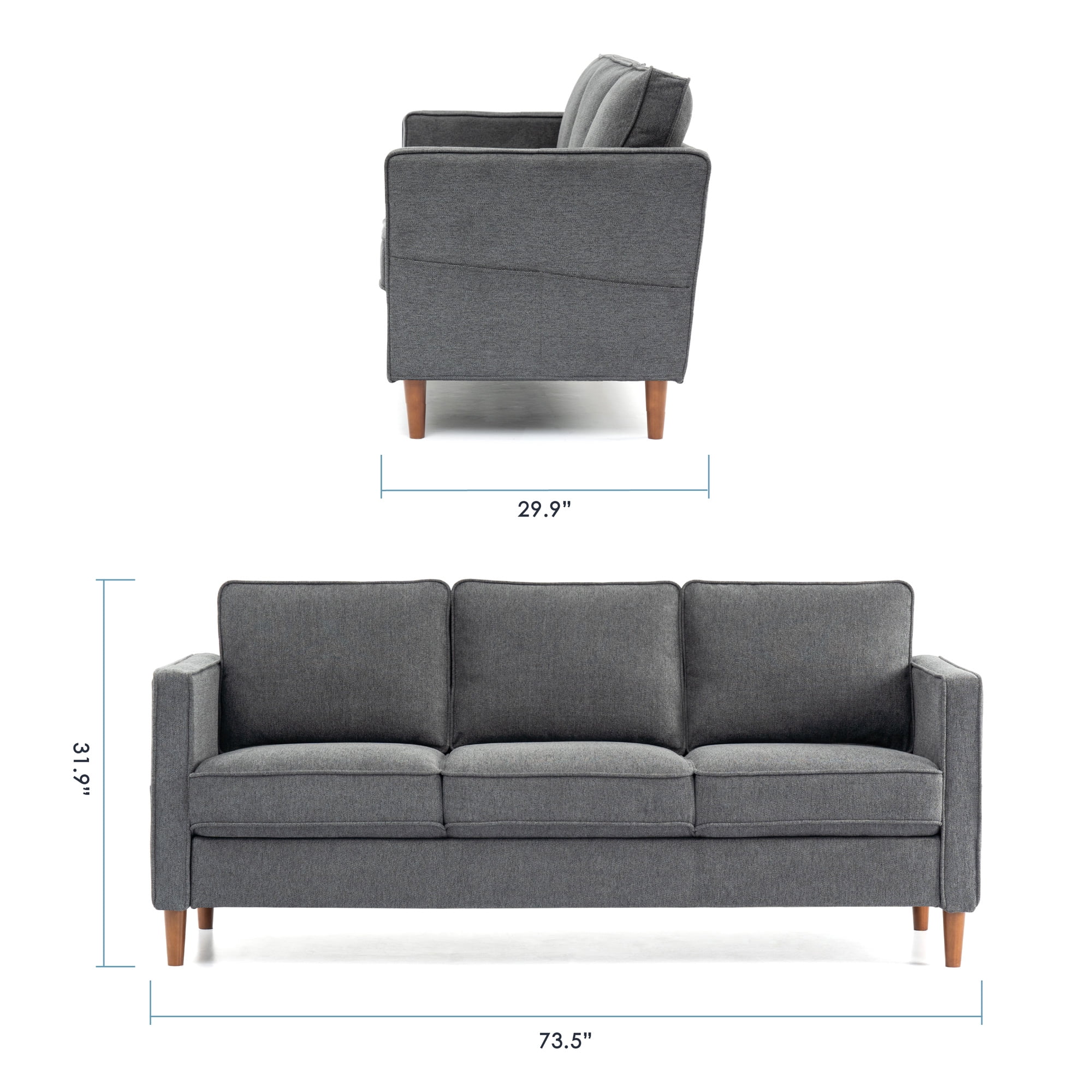 Mellow Hana Modern Upholstered Linen Fabric Sofa with Armrest Pockets, Dark Heather Grey