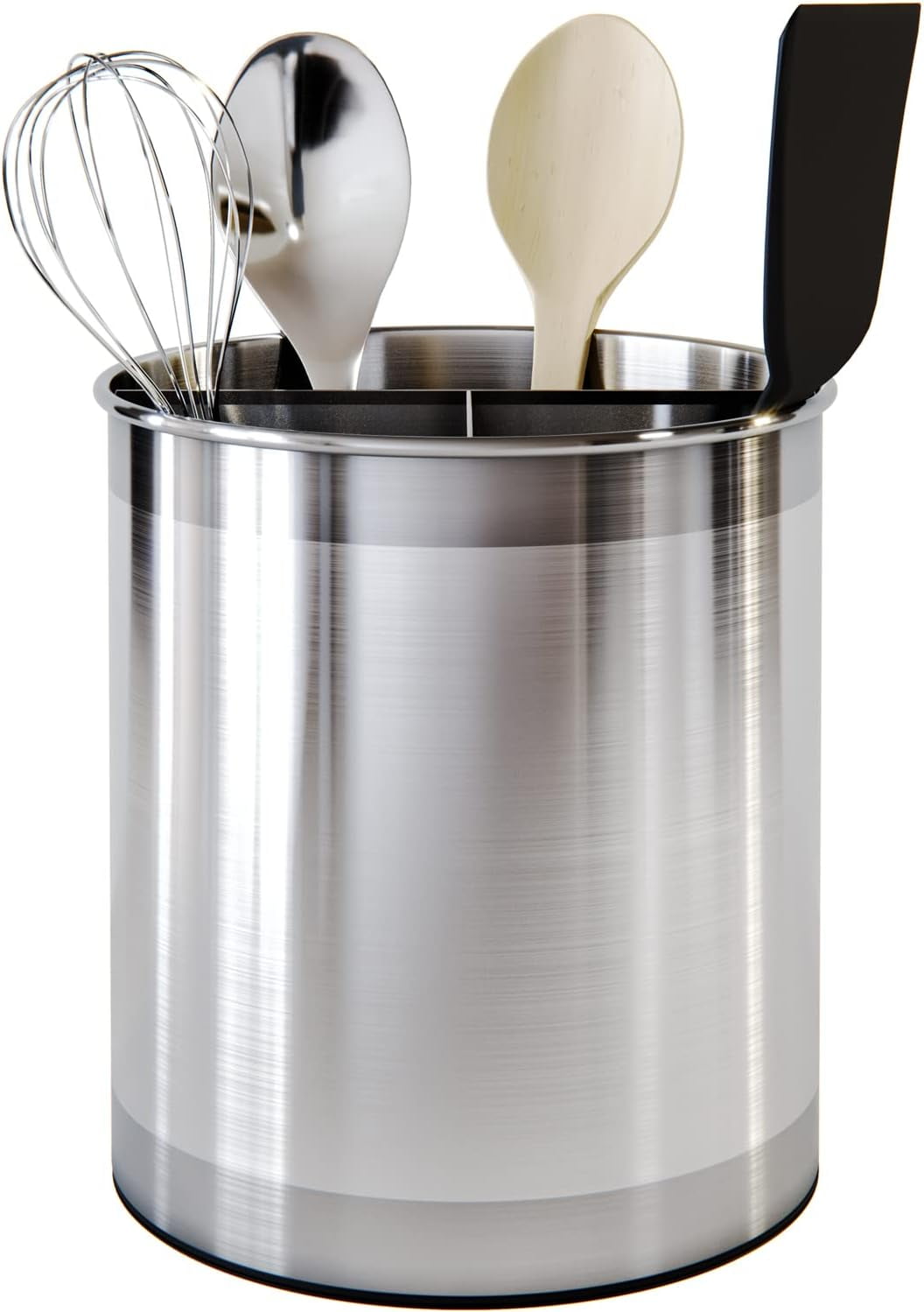 Extra Large Rotating Stainless Steel Utensil Holder with Weighted Base, Removable Divider and Non-Slip Insert