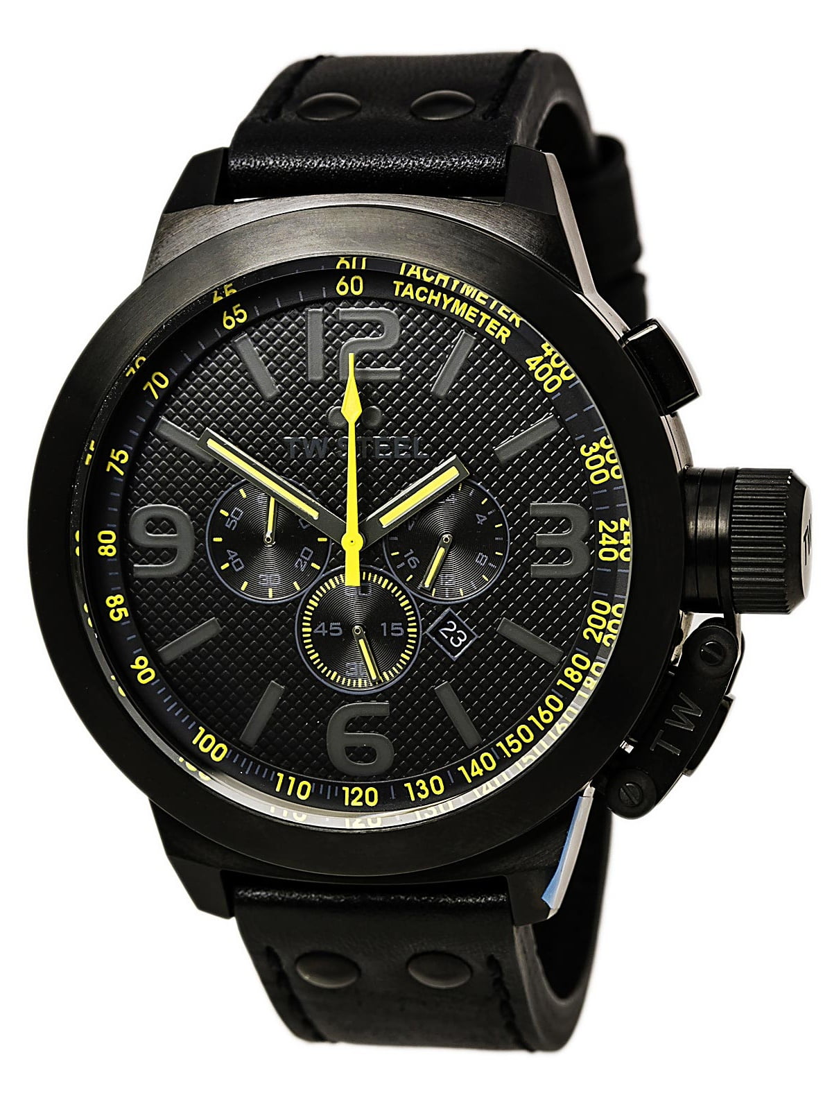 TW901 Men's Canteen Black Dial Black IP Steel Black Leather Strap Chronograph Watch