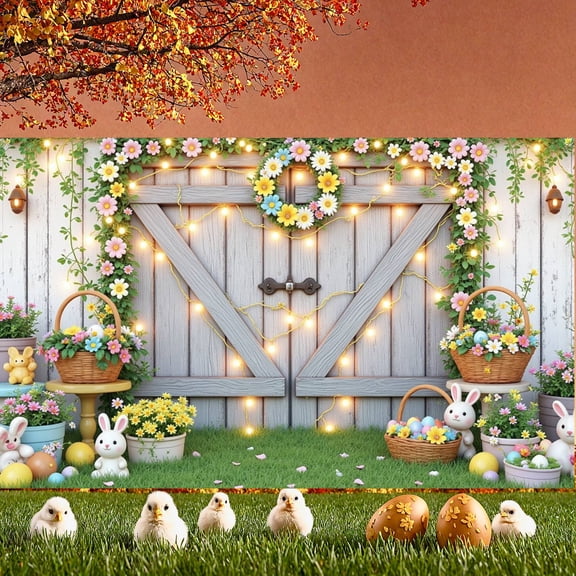 Bunny Design Easter Banner Colorful Eggs Spring Display Floral Pattern Flower Wreath Bunny Backdrop for Easter Celebration Spring Party Garden Decoration