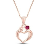 JEWEL ZONE US Mother's Day Jewelry Gifts Round Simulated Ruby Mom and Children Love Heart Pendant Necklace In 14k Rose Gold Over Sterling Silver
