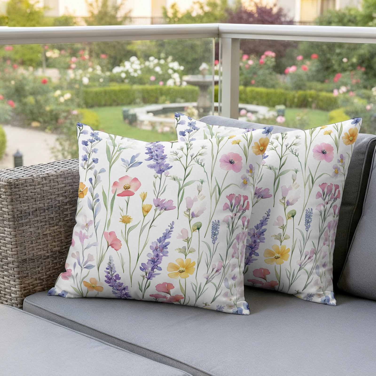Spring Flower Pillow Covers 2 Pack Watercolor Retro Lavender Plant Wildflower Pillowcase Waterproof Outdoor Throw Pillow Cover for Patio Garden Square Cushion 24”x24”