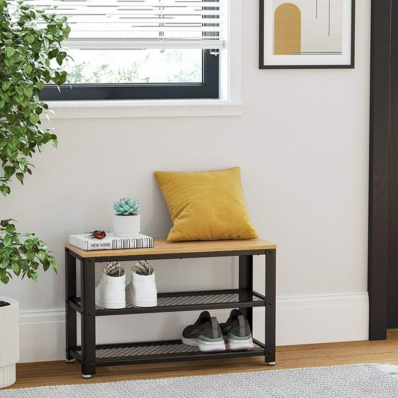 VASAGLE 28.7" 3-Tier Shoe Rack Bench Long Storage Shelves for Honey Brown and Black