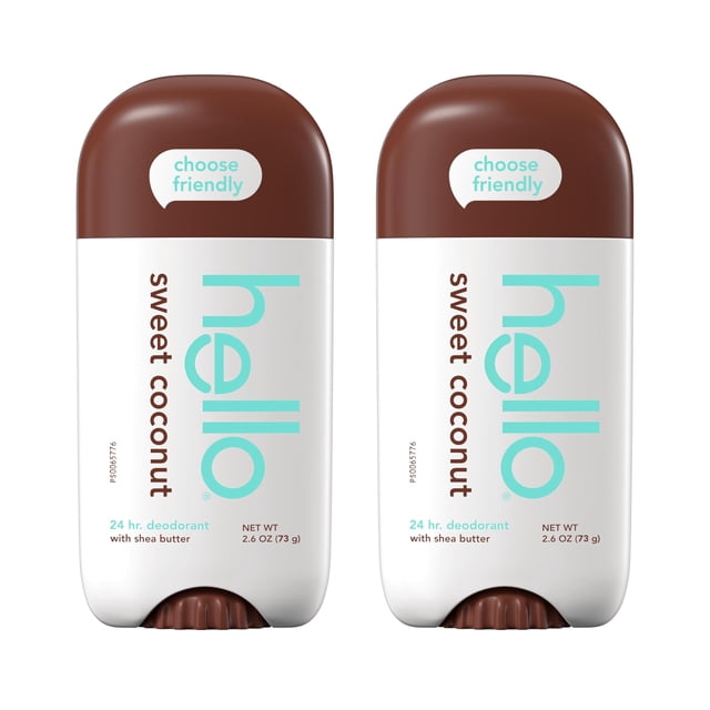 desodorante hello sweet coconut con manteca de karité 75 ml para mujeres y hombres paquete de 2, vista frontal centrada de dos barras blancas con tapa marrón, texto vertical turquesa 'hello' y 'sweet coconut', distintivo 'choose friendly' en la parte superior y peso 2.6 oz (73 g) impreso en la etiqueta.