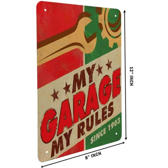 My Garage My Rules Tin Sign Poster with Cartoon Tools Red and Green Background Vintage Metal Tin Signs for Men Women Wall Art Decor for Home 8X12inch