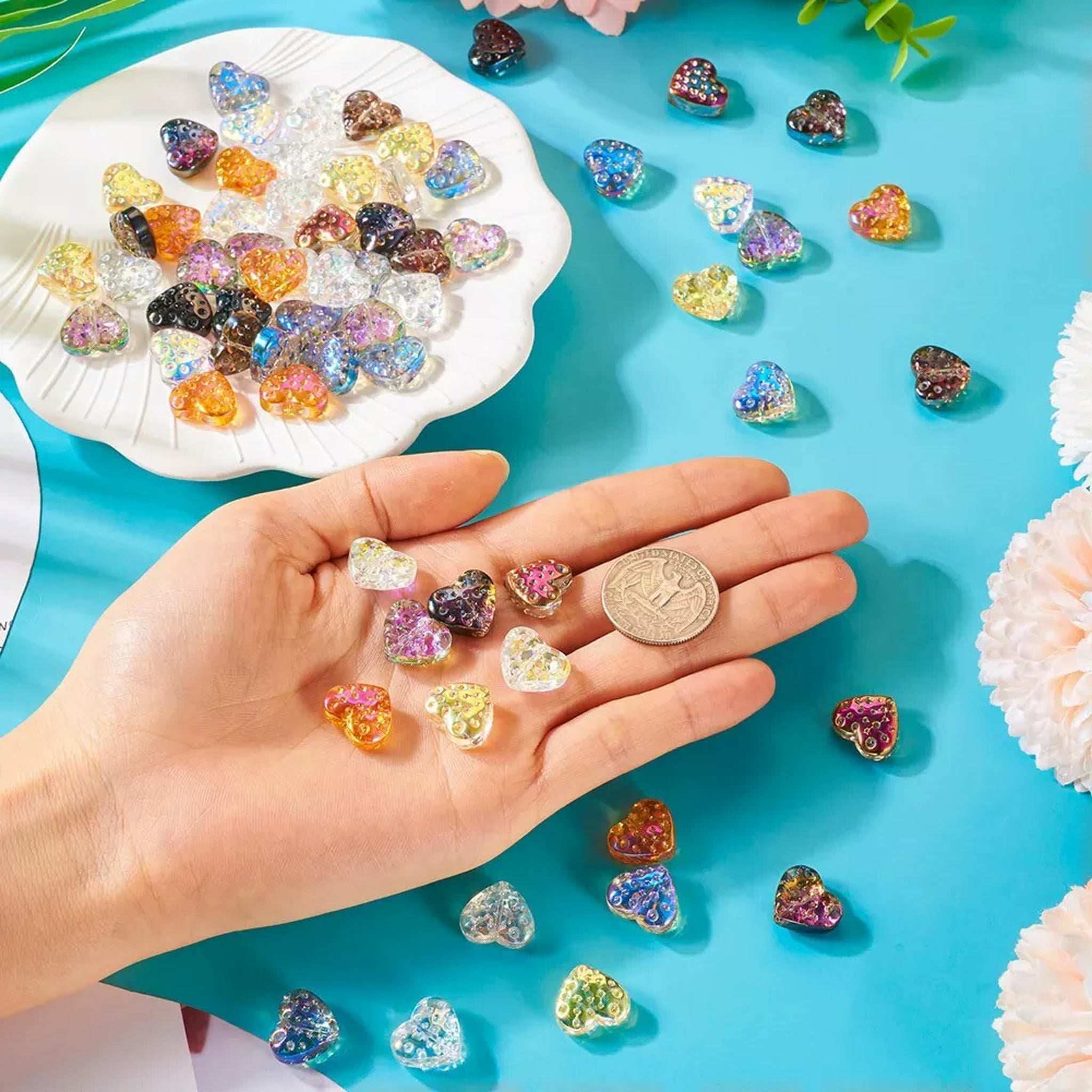 U8MO 120Pcs AB Color Plated Heart Electroplate Transparent Glass Beads Crafts 13x15mm