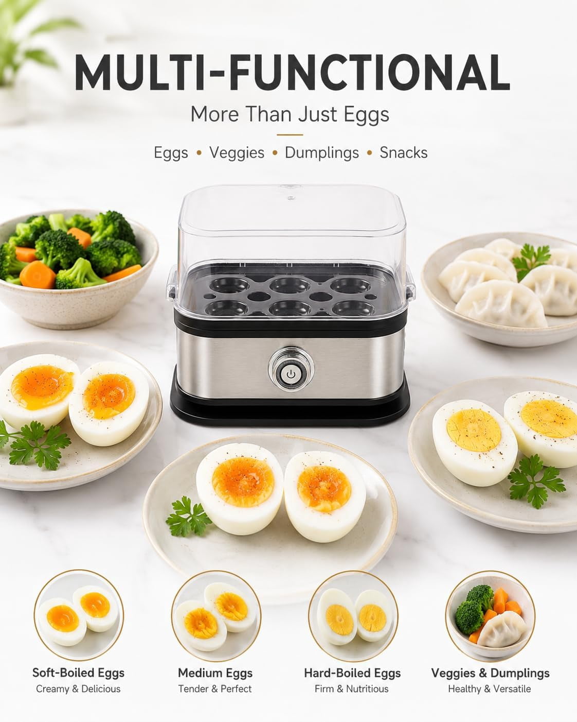 110V Multifunctional Egg Steamer with Clear Lid - Rapid Egg Cooker 6 Egg Capacity, 2026 New Stainless Steel Egg Cooker, Electric Egg Cooker with PTC Heating, Busy Mornings & Fitness Meal Prep