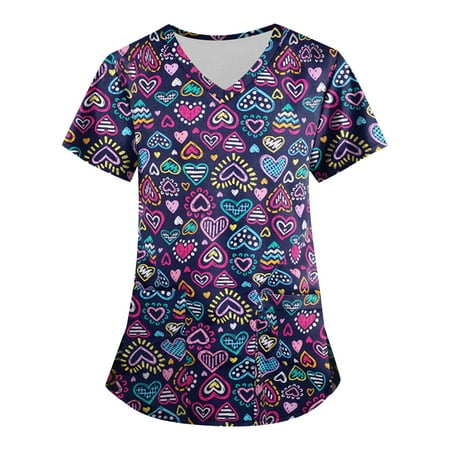 

ELFINDEA Printed Pocket Scrubs Blouses for Women V Neck Short Sleeve