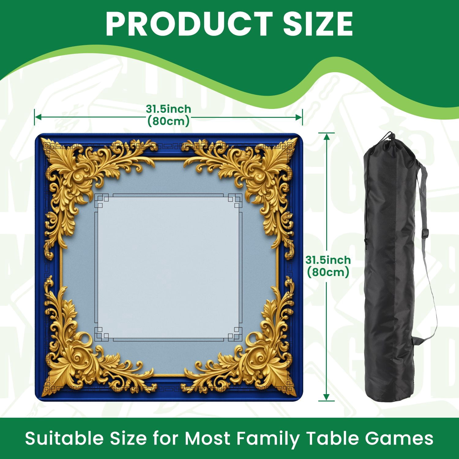Mahjong Mat 31.5" x 31.5" Ornate Gold Floral Frame Royal Blue Non-Slip Noise Reduction American Mahjong Tiles Table Cover for Dominoes Poker Card Board Games Gift