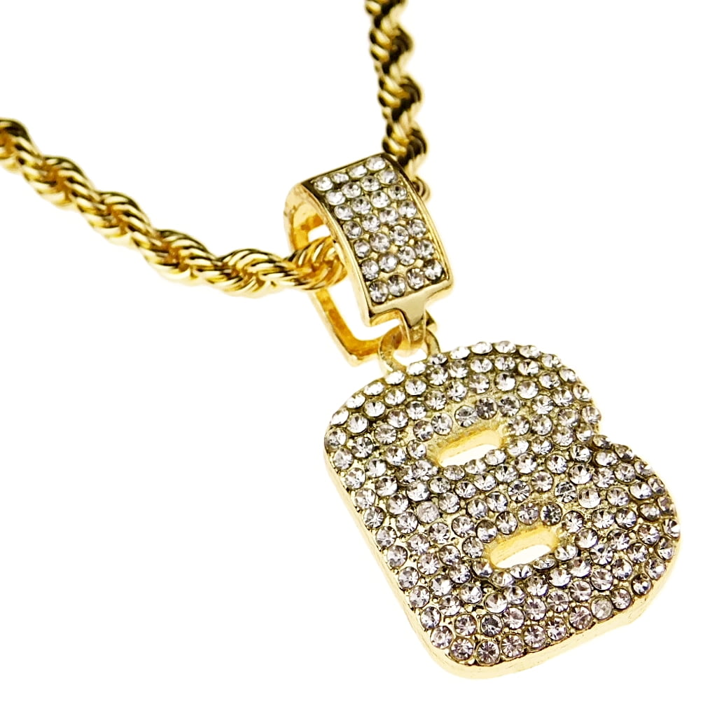 Bubble Letter B Block Initial 24 Rope Chain Bling Pendant Gold Finish  Monogram Name Hip Hop Necklace