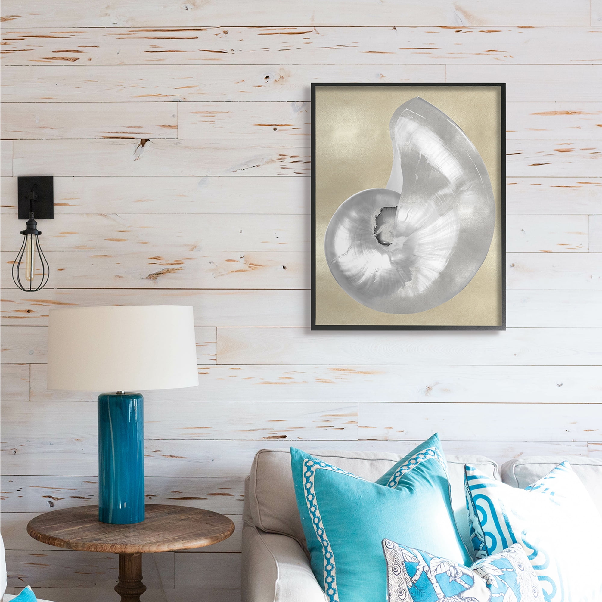 Stupell Industries Glam Nautilus Shell Soft Grey Neutral over Beige Nature Painting Black Framed Art Print Wall Art, 24 x 30