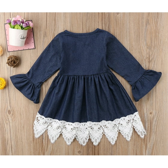 StylesILove - stylesilove Cute Denim Bell Sleeve Lace Trim Kids Girl Dress (110/4-5 Years