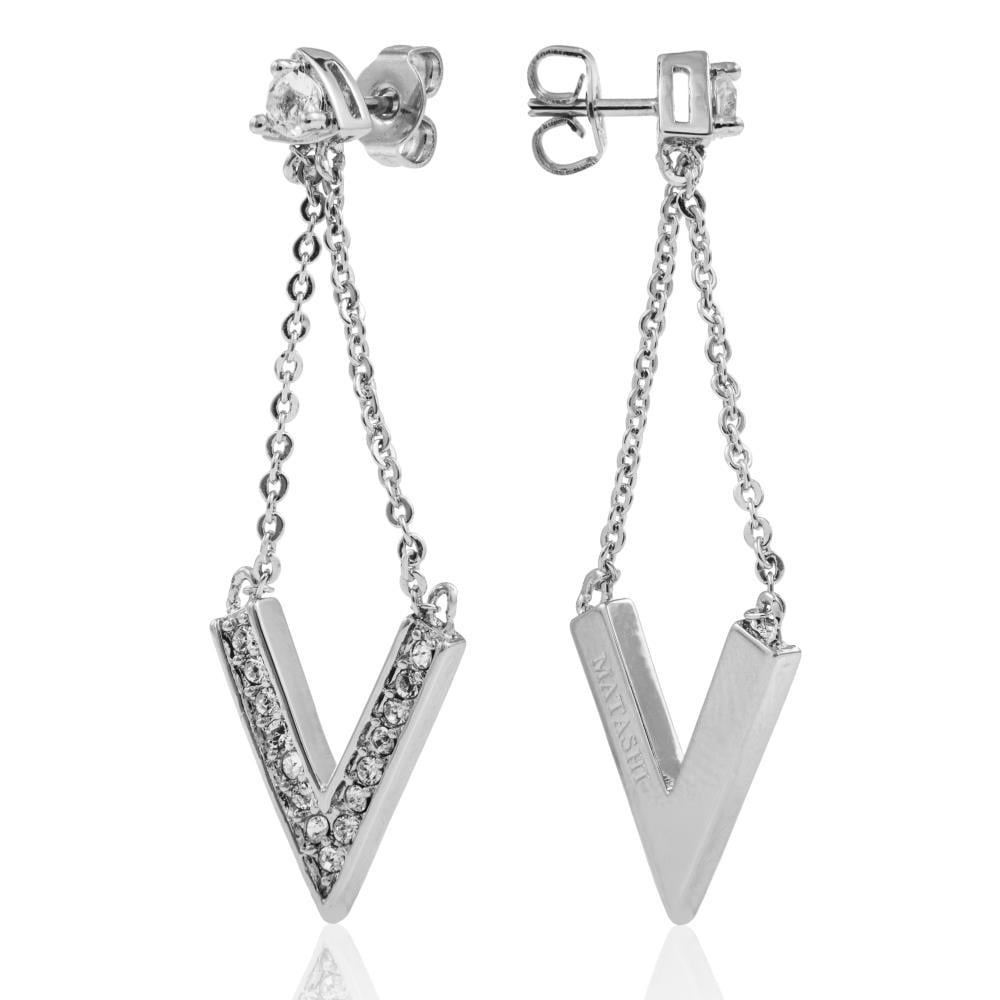 Matashi 18K White Gold Plated Delta V Design Stud Earrings With Sparkling Clear Crystals Gift for Christmas Birthday Anniversary Valentine's Day Mother's Day Gift for Mom Girlfriend Wife