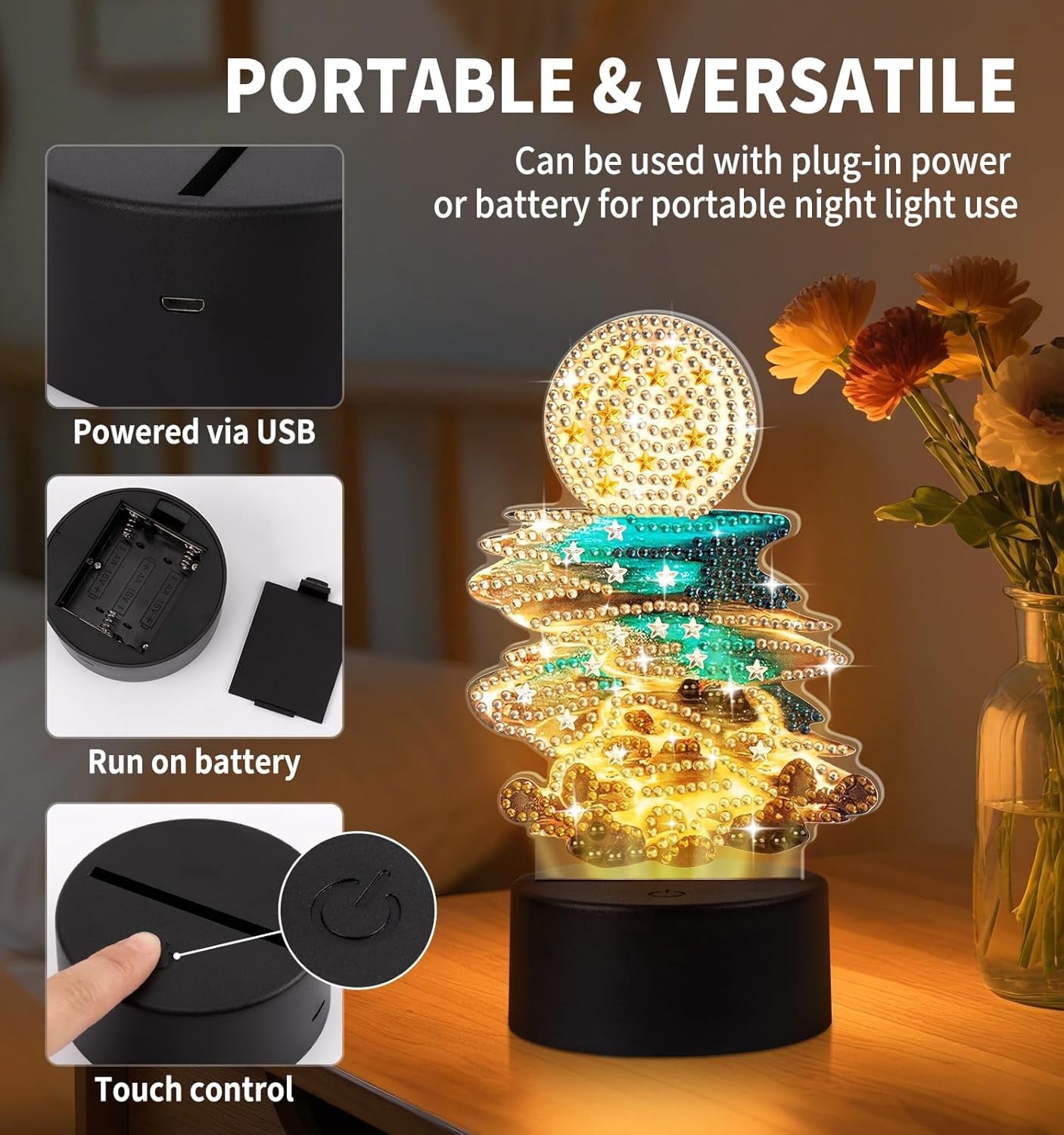 Moonlight Beach Diamond Painting Night Light, Touch Lamp Desktop Ornament for Adults Beginners, Bedroom Living Room Decor
