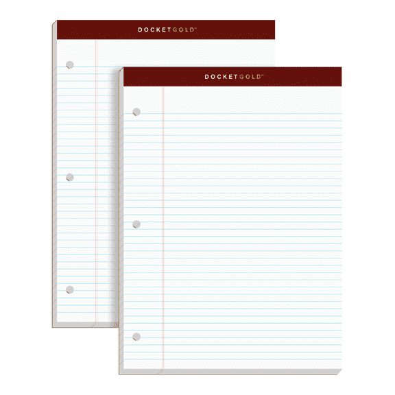 TOPSâ„¢ Double Docketâ„¢ Gold Writing Pads, 8 1/2" x 11", Narrow Ruled, 200 Pages (100 Sheets), 3-Hole Punched, White, Pack Of 2