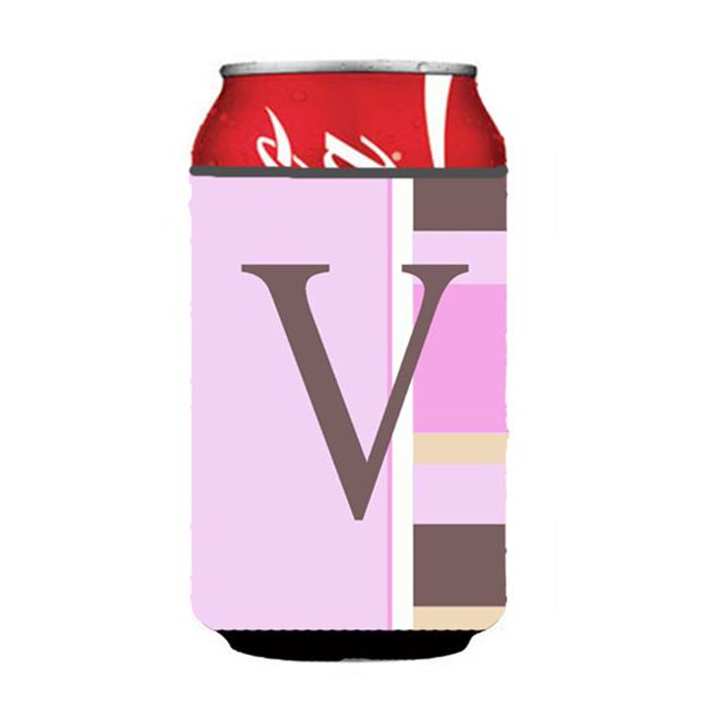 Letter V Initial Monogram - Pink Stripes Can or Bottle Hugger