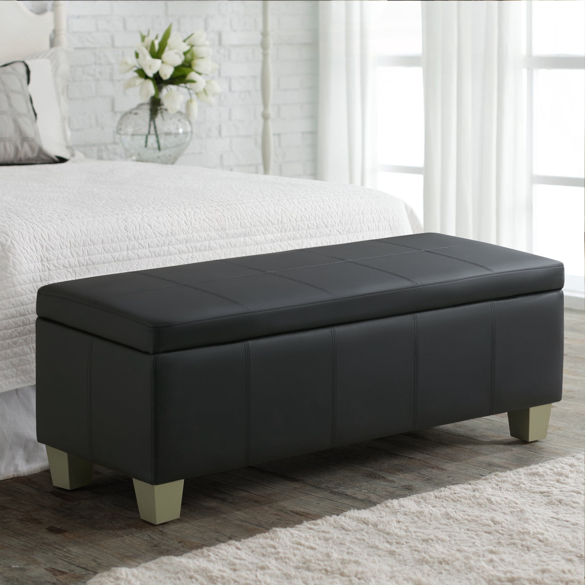 51" Faux Leather Storage Ottoman Bench with Wooden Legs, Tufted Upholstered Seat, Sturdy & Spacious for Bedroom, Entryway, Living Room, Dark Black