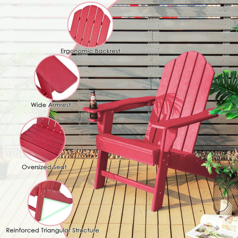 YYAo Outdoor Adirondack Chair with Built-in Cup Holder for Backyard Porch-Red