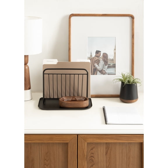 Kate and Laurel Koni Modern Three-Piece Home Office Organization Set, 13 x 8 x 9, Walnut Brown and Black, Wood and Metal Organizational Set for Office with File Folder Holder