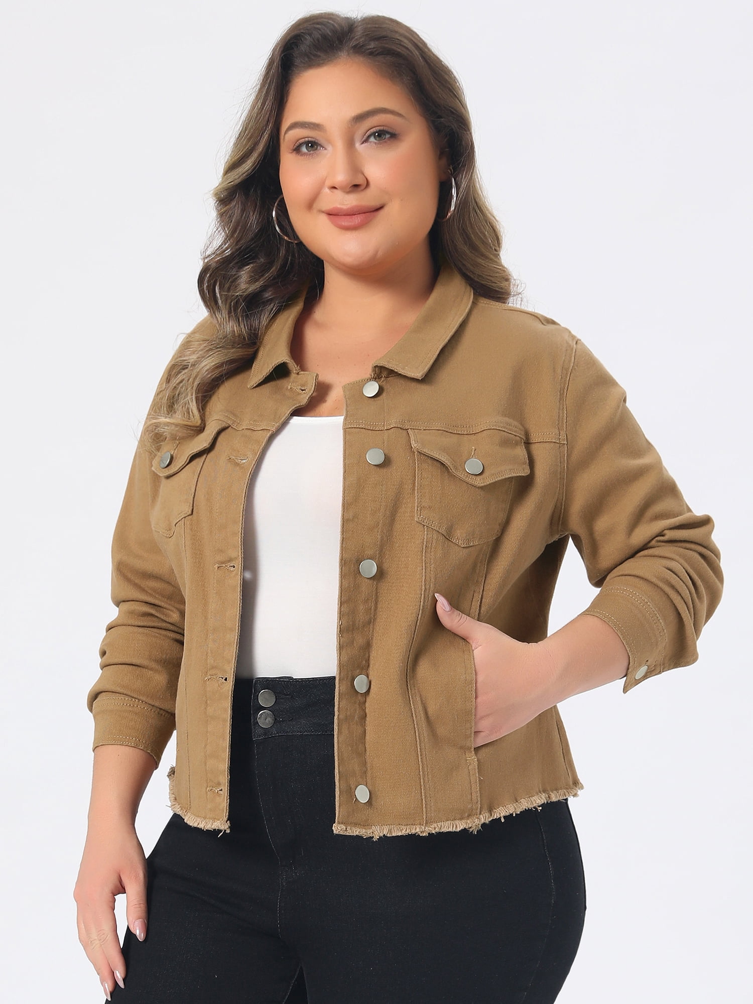 DARING DIVA Women's Plus Size Washed Front Frayed Classic Denim Jacket 2X Light Brown