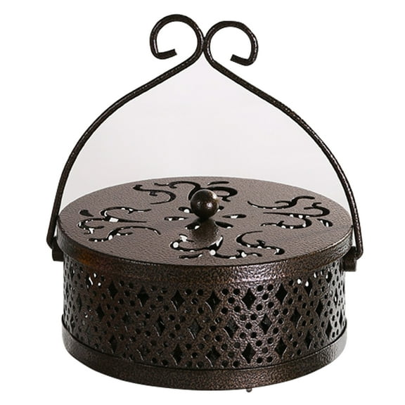 KMSS Iron Repellent Incense Coil Holder with Lid Handle Heavy Duty Metal Hollow Incense Burner Portable Desktop Ash Catcher Box Christmas Gift