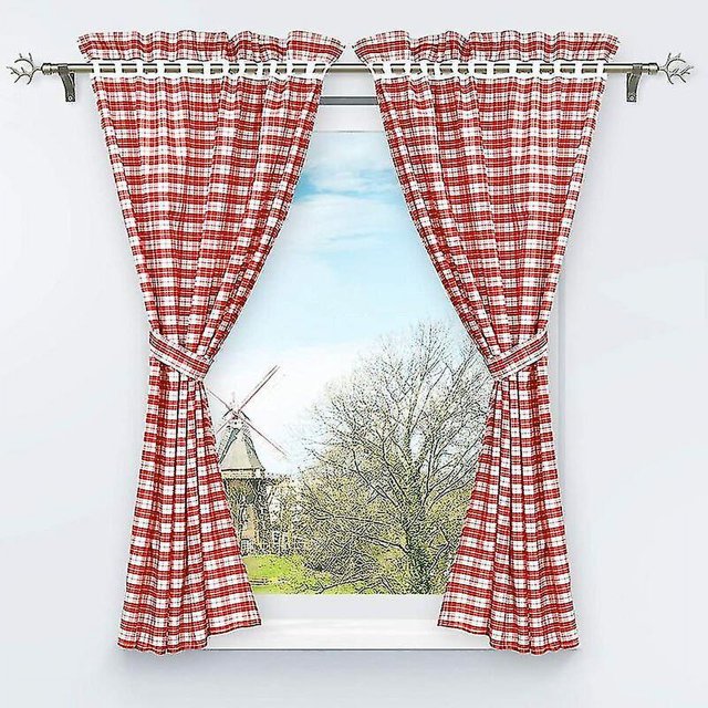 100*140cm 100*140cm Juego de 2 cortinas opacas perforadas con 2 adornos de ventana a cuadros para interior de dormitorio, rojo, alto/ancho, 120/80cm