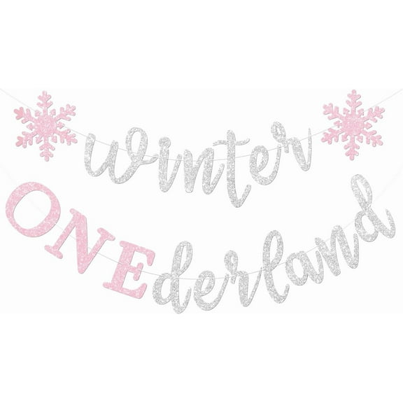Silver and Pink Glitter Winter Onederland 1st Birthday Banner, Pink Snowflakes Winter Onederland Party Decorations for First Birthday Girl, No DIY.