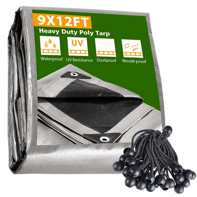 Yescom 9x12 Ft Waterproof Poly Tarp with 25 Ball Bungees Protect Cover 10mil Tarpaulin
