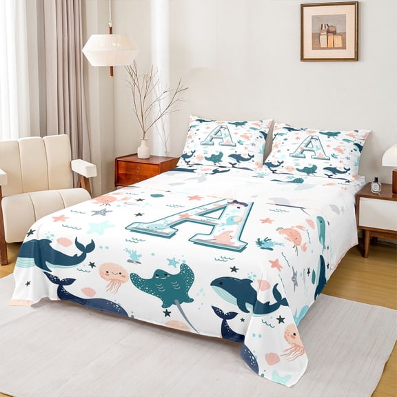 jejeloiu Ocean Animal Monogram A Full Size Sheets For Kids,Sea Life Whale Bed Sheets For Boys,4-Piece