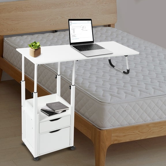 Overbed Table with Wheels, Height Adjustable 27.5-34.6" Bedside Desk – Foldable Laptop Table with Drawer, Mobile Nightstand for Bedroom, Living Room, Hospital (White)